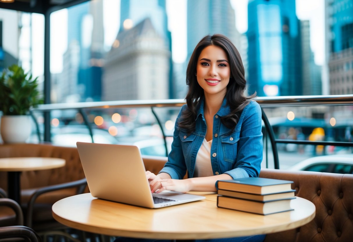 A confident woman sitting at a cafe table with a laptop and a stack of books, surrounded by a bustling cityscape