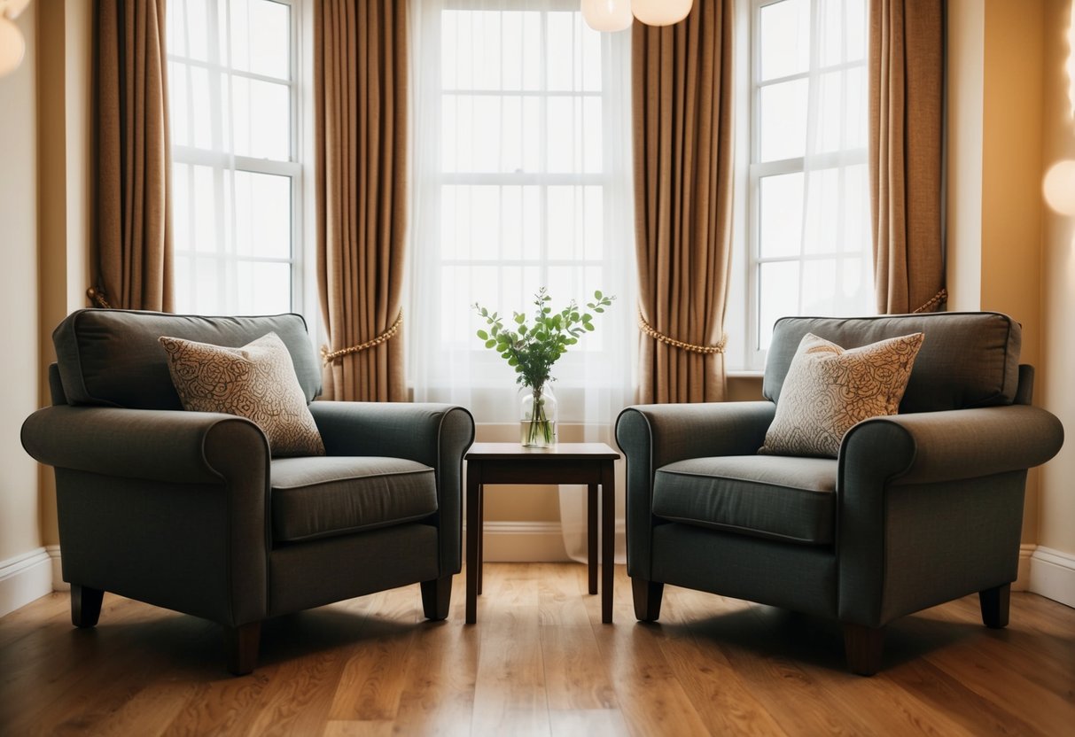 A cozy living room with two armchairs facing each other, a small table in between, and a warm, inviting atmosphere