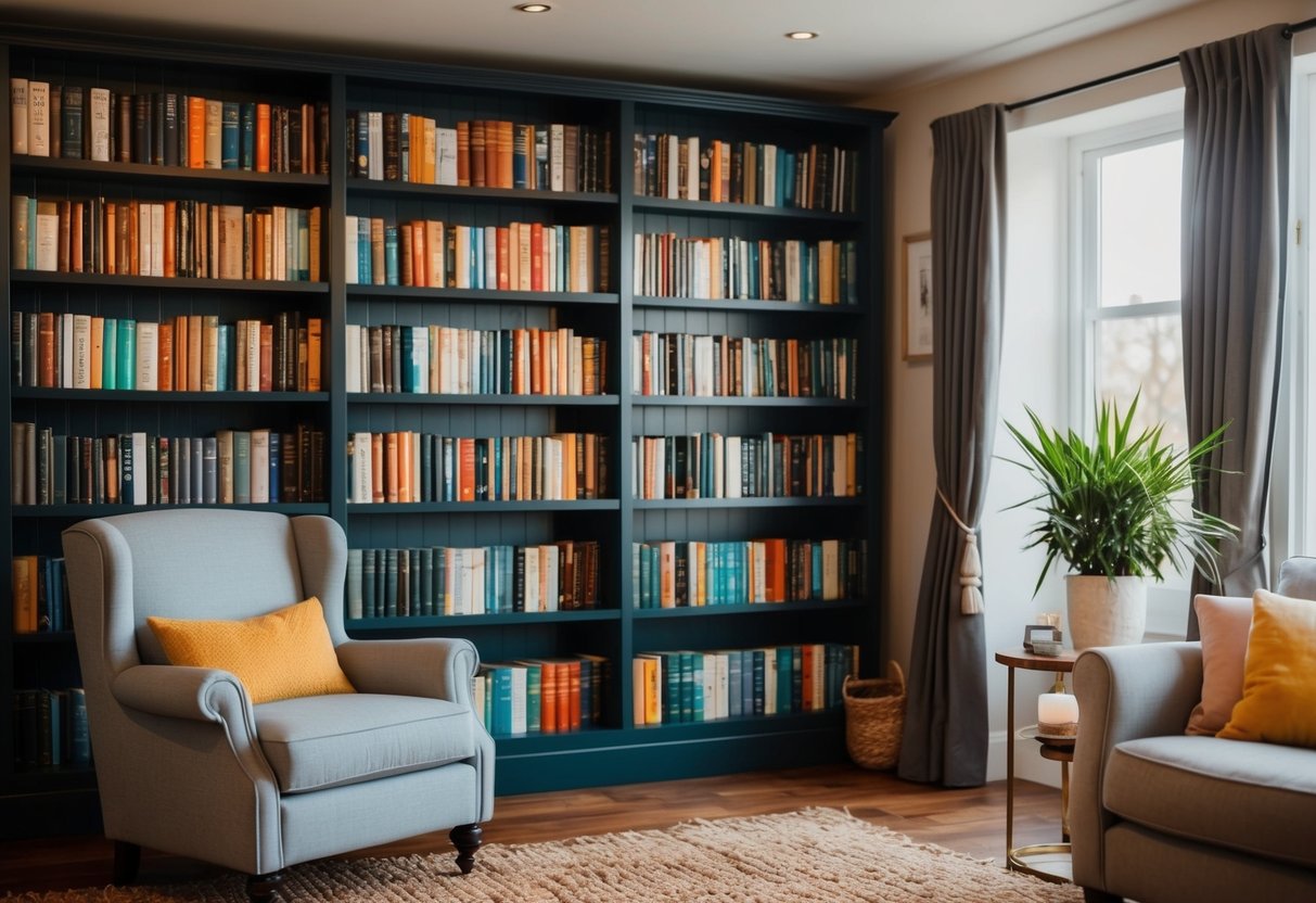 A cozy living room with a bookshelf filled with self-help books, a comfortable armchair, and a warm, inviting atmosphere