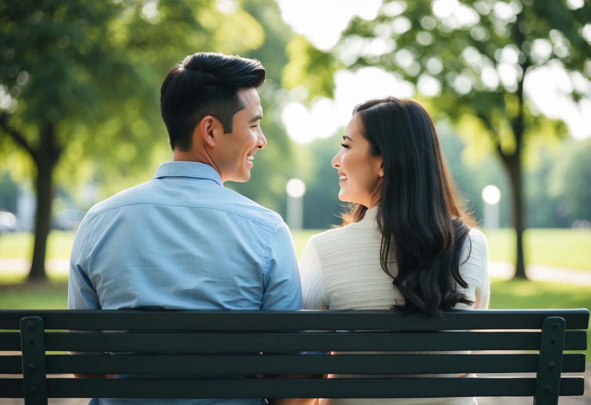 A couple sitting on a park bench, facing each other with open body language, smiling and engaged in conversation