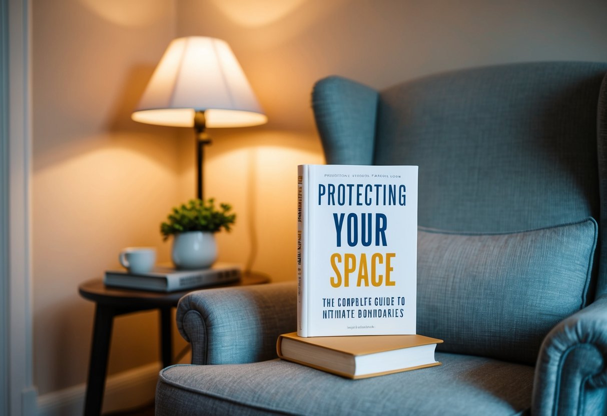 A cozy living room with a comfortable armchair and a small table holding a book titled "Protecting Your Space: The Complete Guide to Intimate Boundaries". A warm lamp illuminates the area