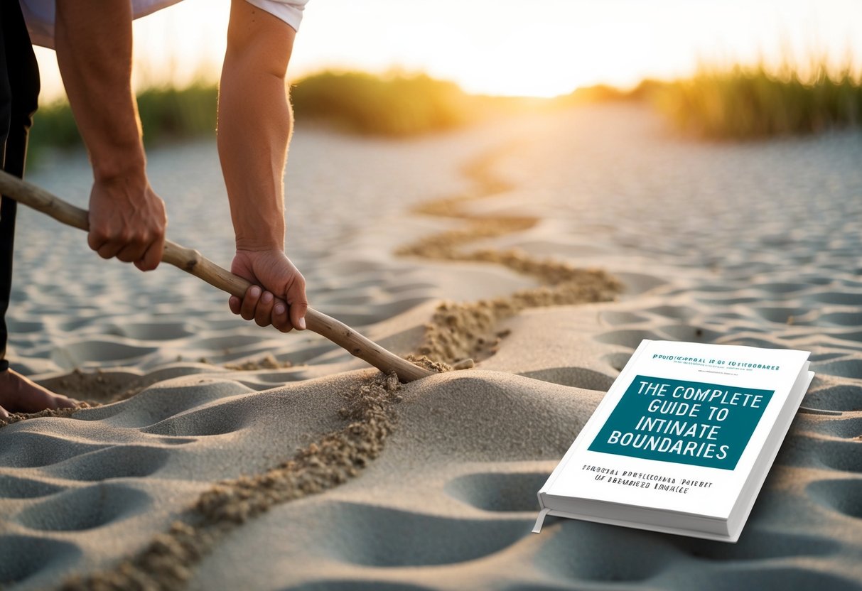 A person drawing a line in the sand with a stick, creating a clear boundary. A book titled "The Complete Guide to Intimate Boundaries" is open nearby