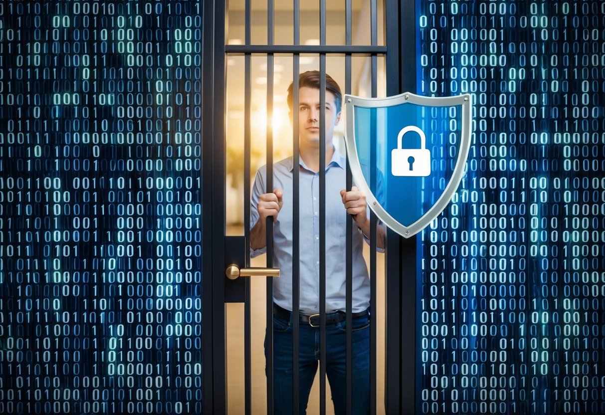 A person standing behind a locked gate, surrounded by a digital barrier made of binary code, with a shield protecting their personal information