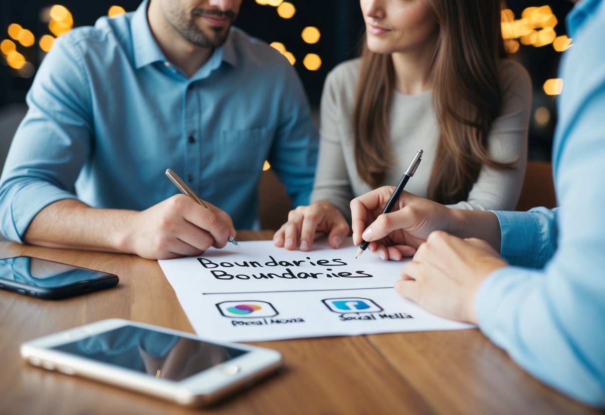 A couple sitting at a table, discussing and writing down boundaries on a piece of paper, with a smartphone and social media icons in the background