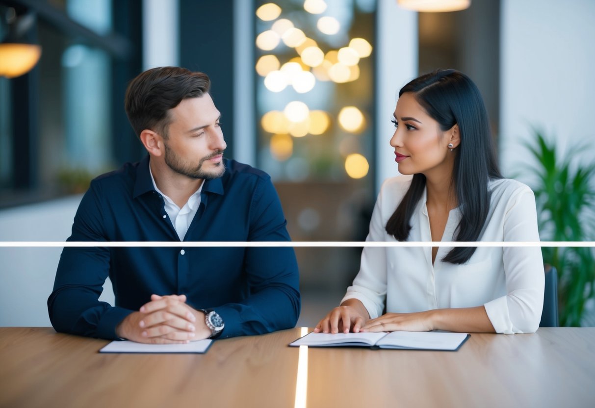 A couple sitting at a table, calmly discussing boundaries. A line divides the table, representing clear boundaries