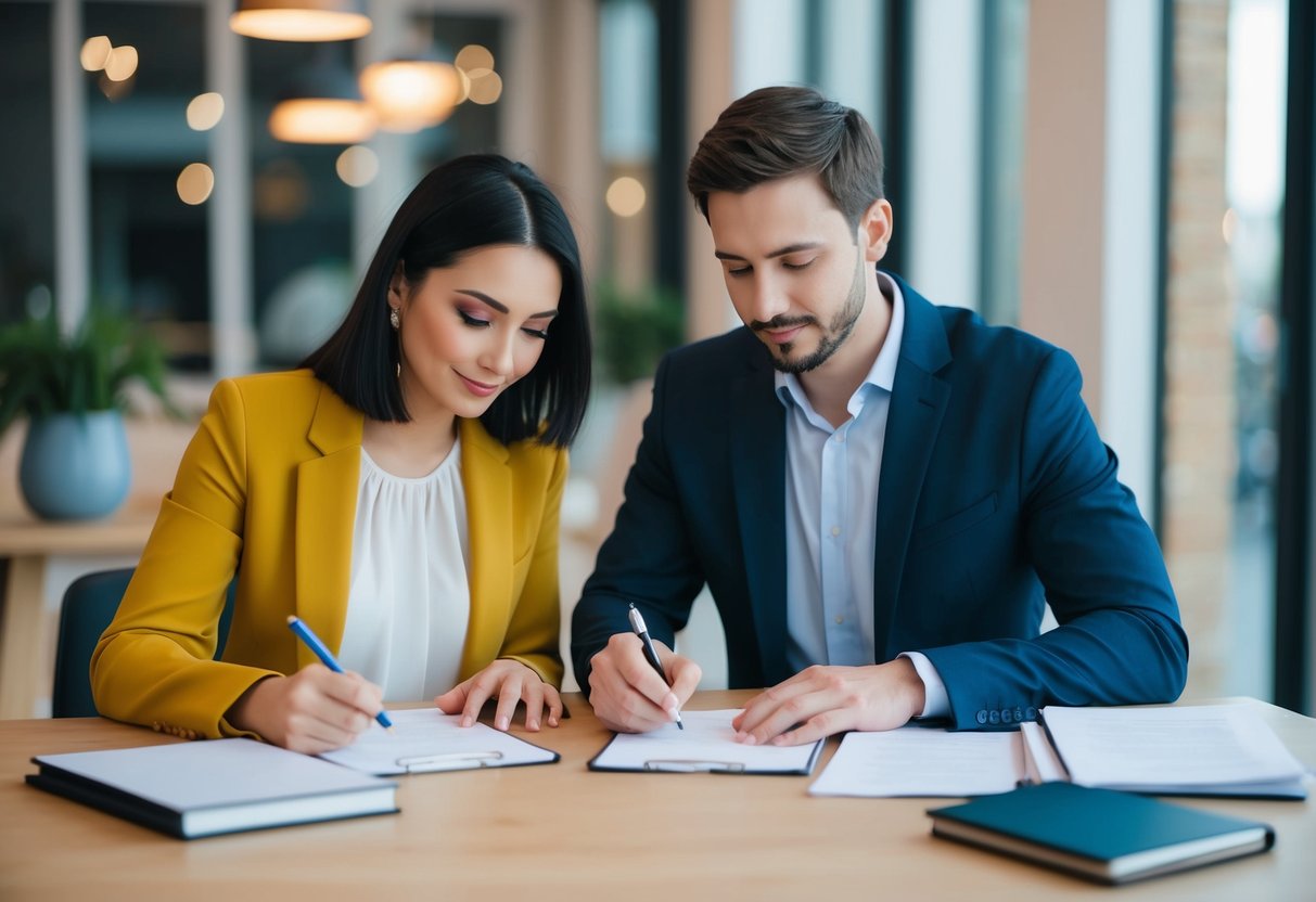 A couple sitting at a table, discussing and writing down their agreed financial responsibilities and intimate boundaries