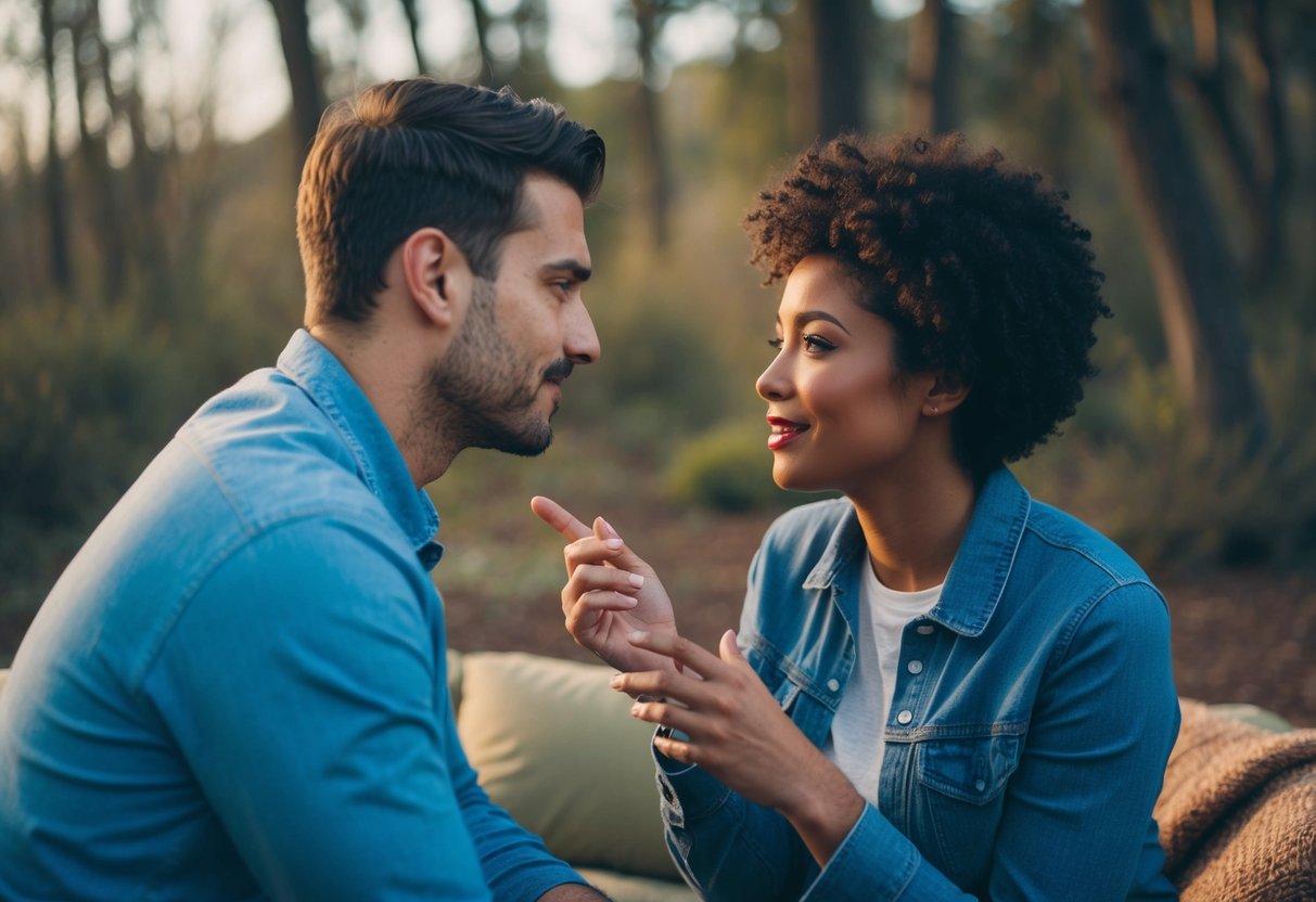 Two individuals having a private conversation in a secluded area, surrounded by nature or in a cozy indoor setting