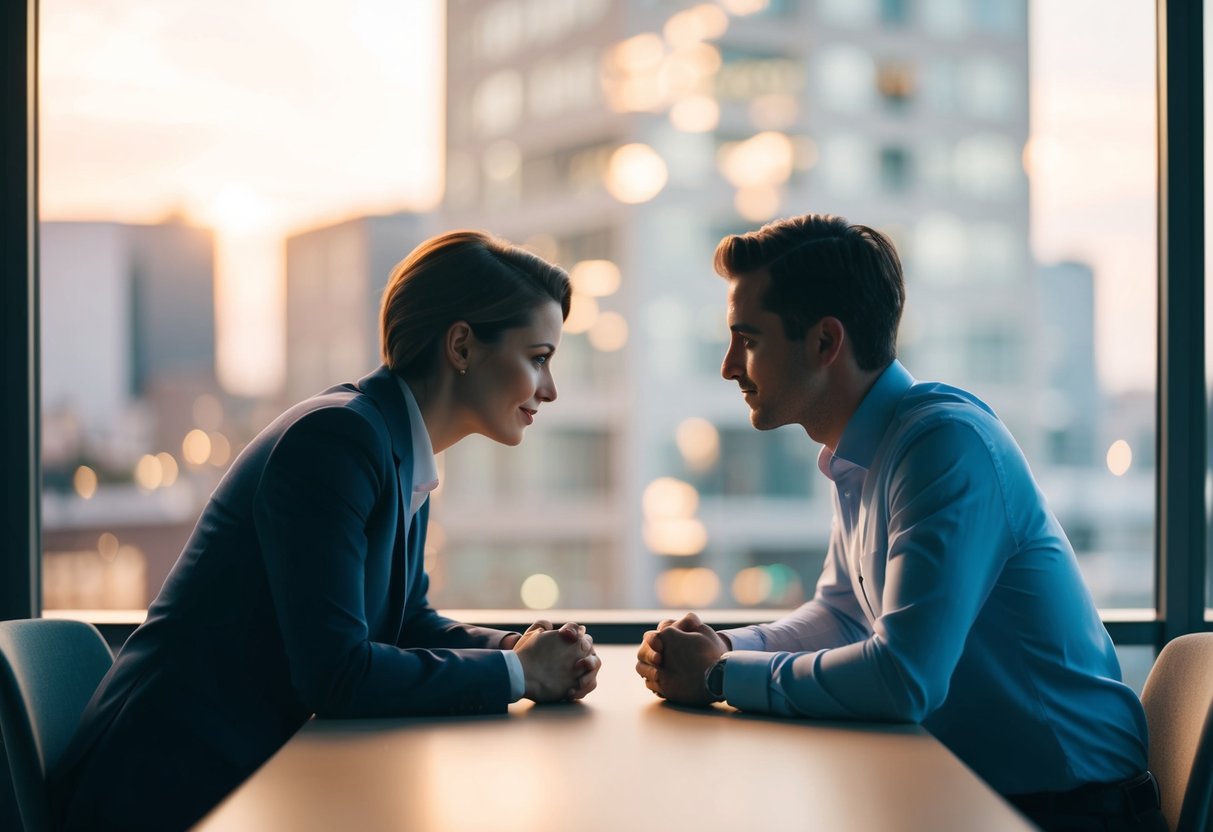 Two figures sitting at a table, one leaning in and the other leaning back, creating a clear physical boundary between them