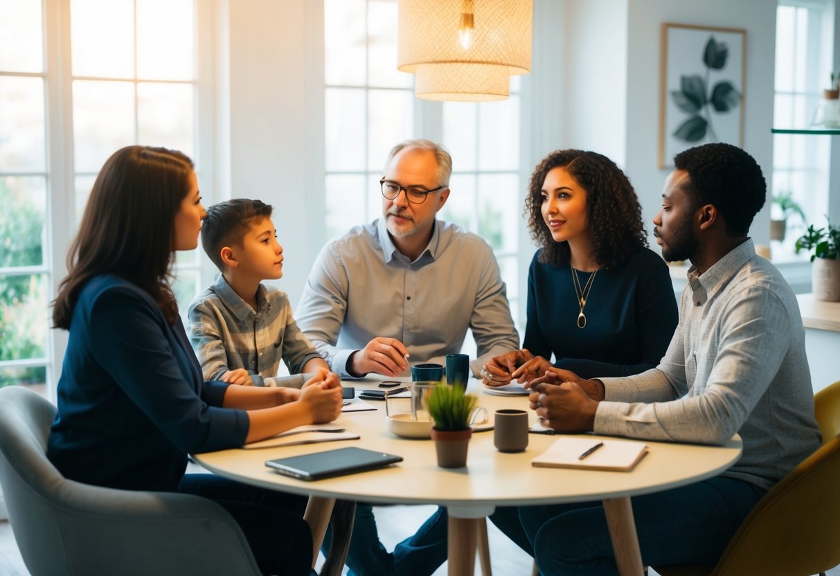 A family sitting around a table, each person with their own defined space and personal belongings, having a respectful and open discussion about setting intimate boundaries