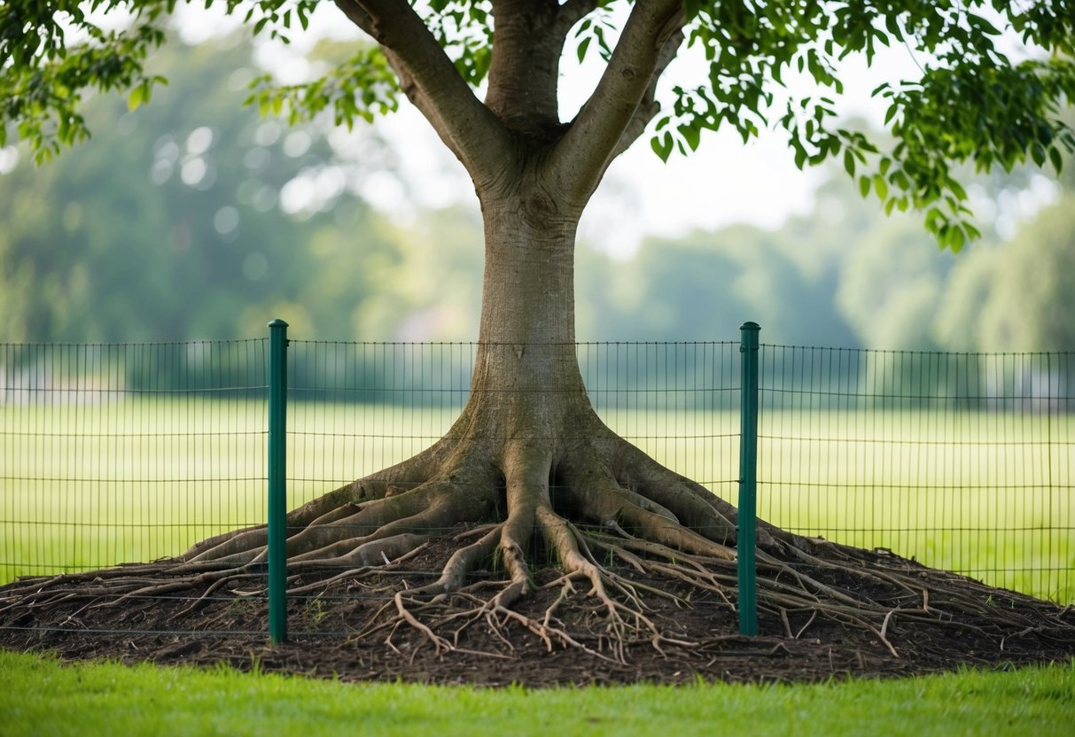 A tree with roots firmly planted in the ground, surrounded by a protective fence, symbolizing personal growth and setting intimate boundaries