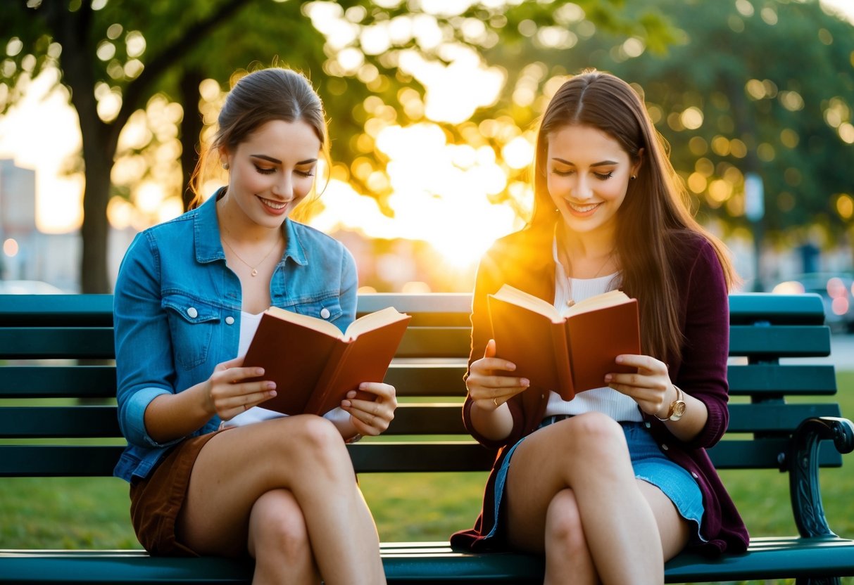 Two friends sitting on a park bench, each engrossed in their own book. The sun is setting, casting a warm glow over the scene