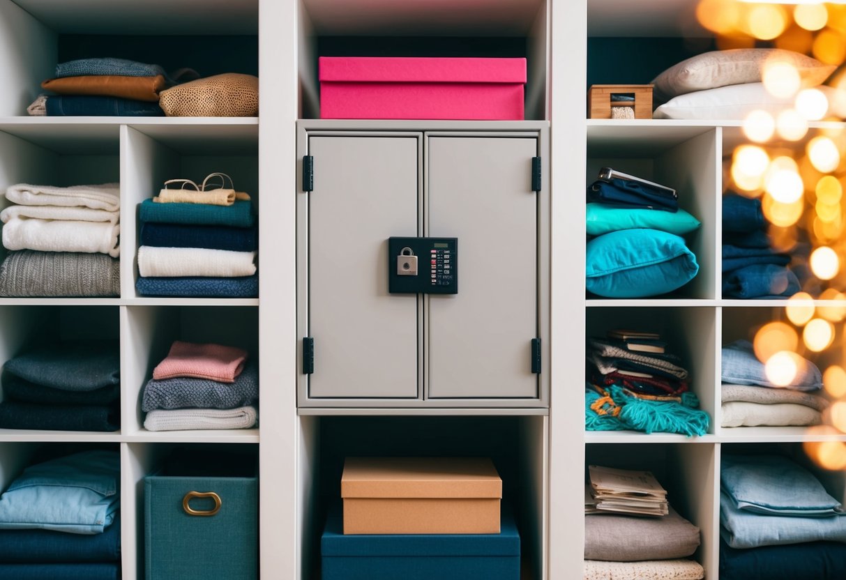 A couple's belongings divided into clearly labeled sections, with a locked cabinet in the center, symbolizing boundaries and expectations for shared possessions