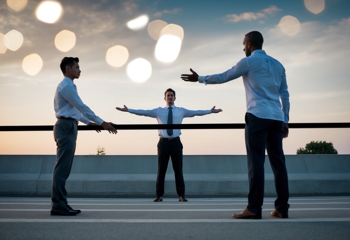 A person standing at a distance, with outstretched arms creating a barrier, while another person stands on the opposite side, respecting the boundary