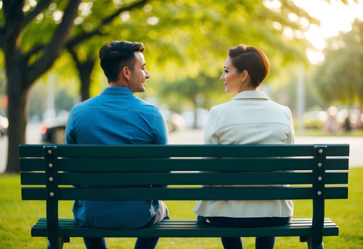 A couple sitting on a park bench, facing each other with open body language. One person is leaning in to talk while the other person is calmly setting a boundary by maintaining a comfortable distance