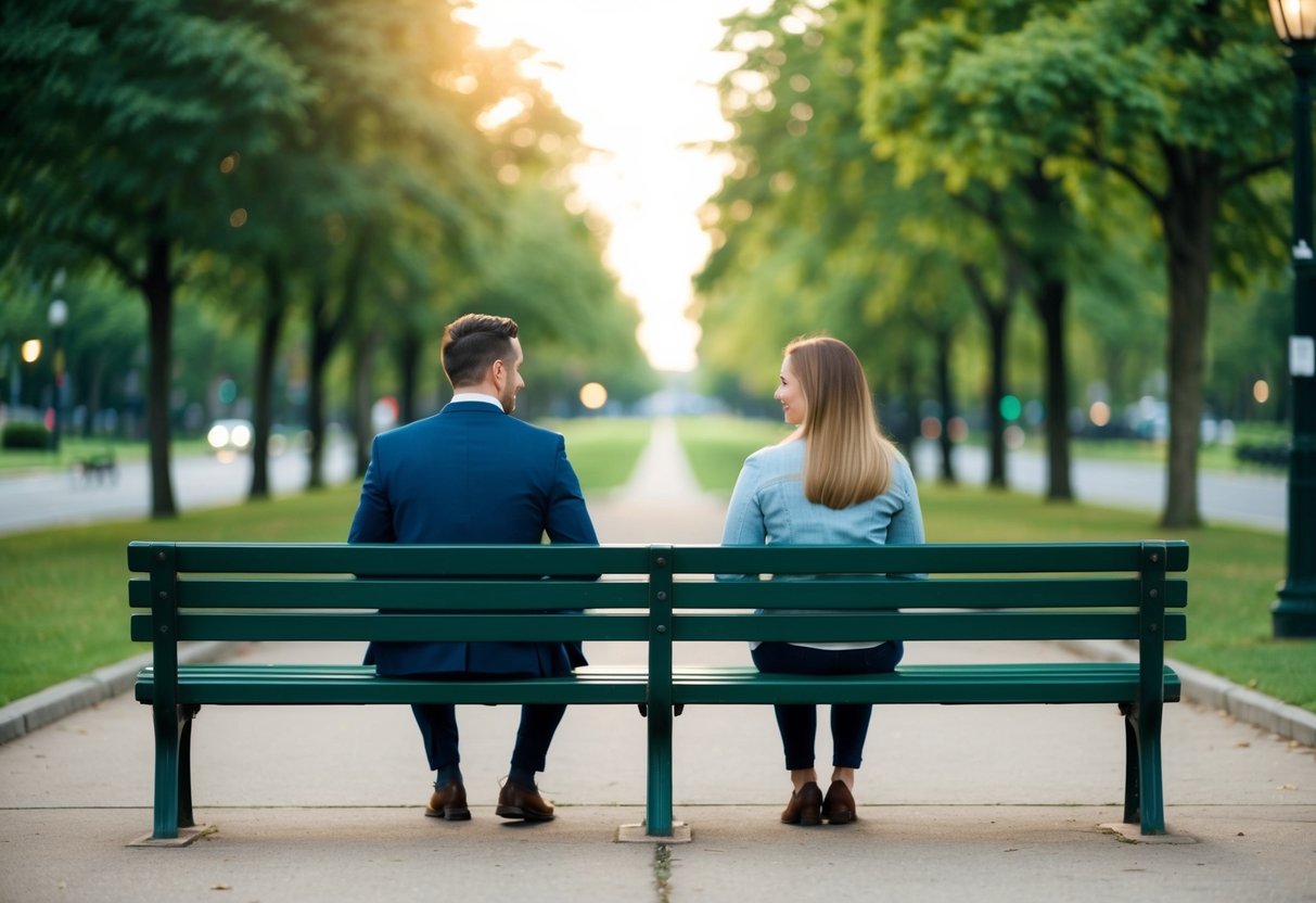 A couple sitting on opposite sides of a park bench, each with a comfortable amount of personal space between them