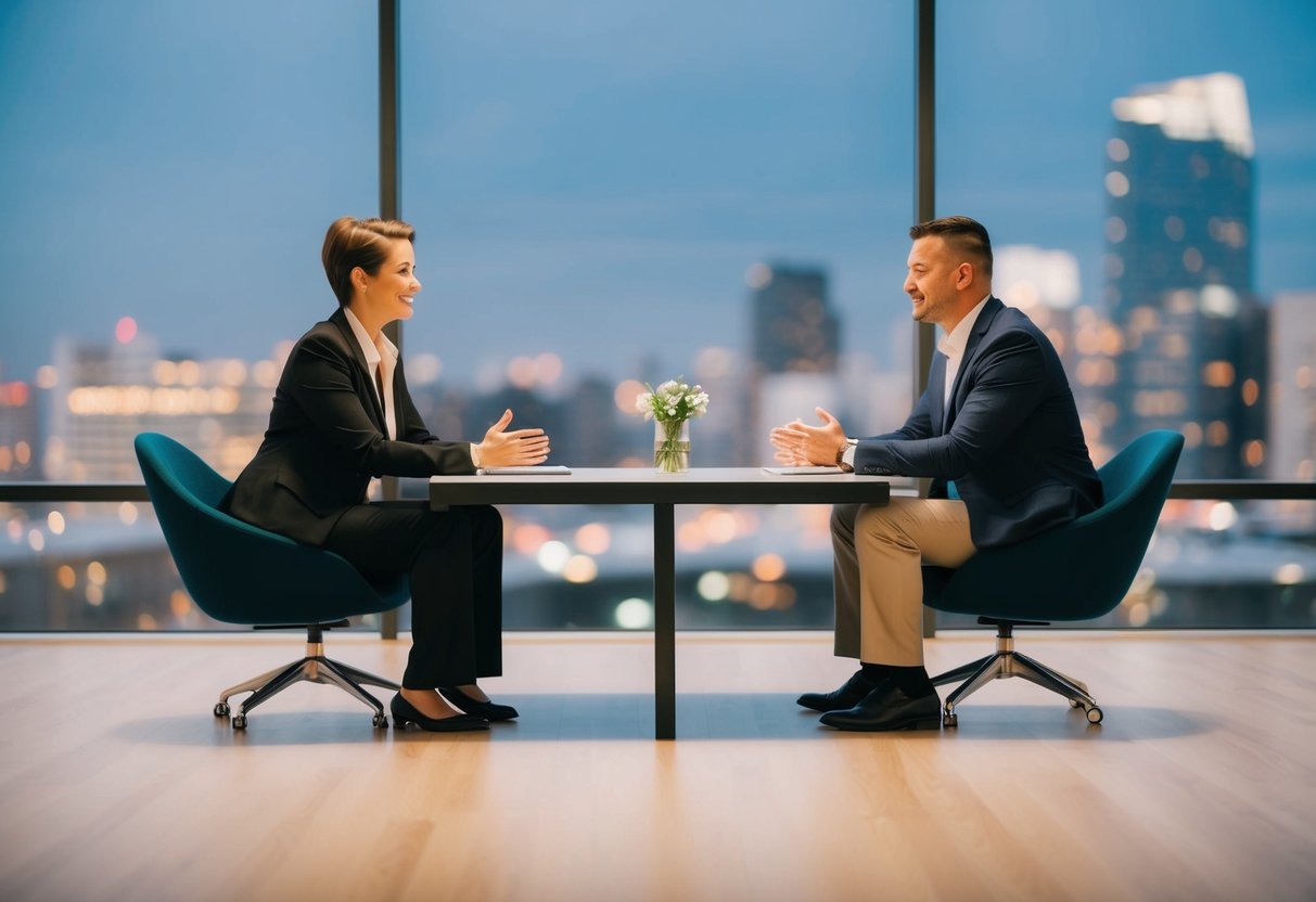 Two individuals sitting across from each other, each with their own personal space clearly defined. They are engaged in conversation, demonstrating respect for each other’s physical boundaries