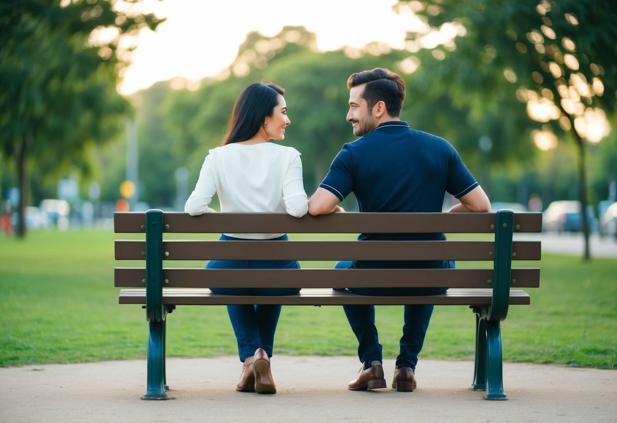 A couple sitting on a park bench, facing each other, with open body language and relaxed posture, having a calm and respectful conversation