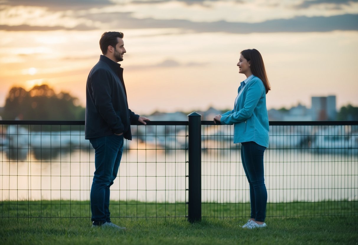 A person standing on one side of a fence, while another person stands on the opposite side, representing the concept of communicating physical boundaries while dating