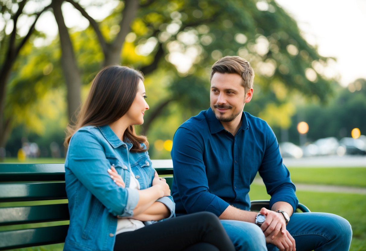 A couple sitting on a park bench, one person leaning away slightly with their arms crossed, while the other person gestures respectfully