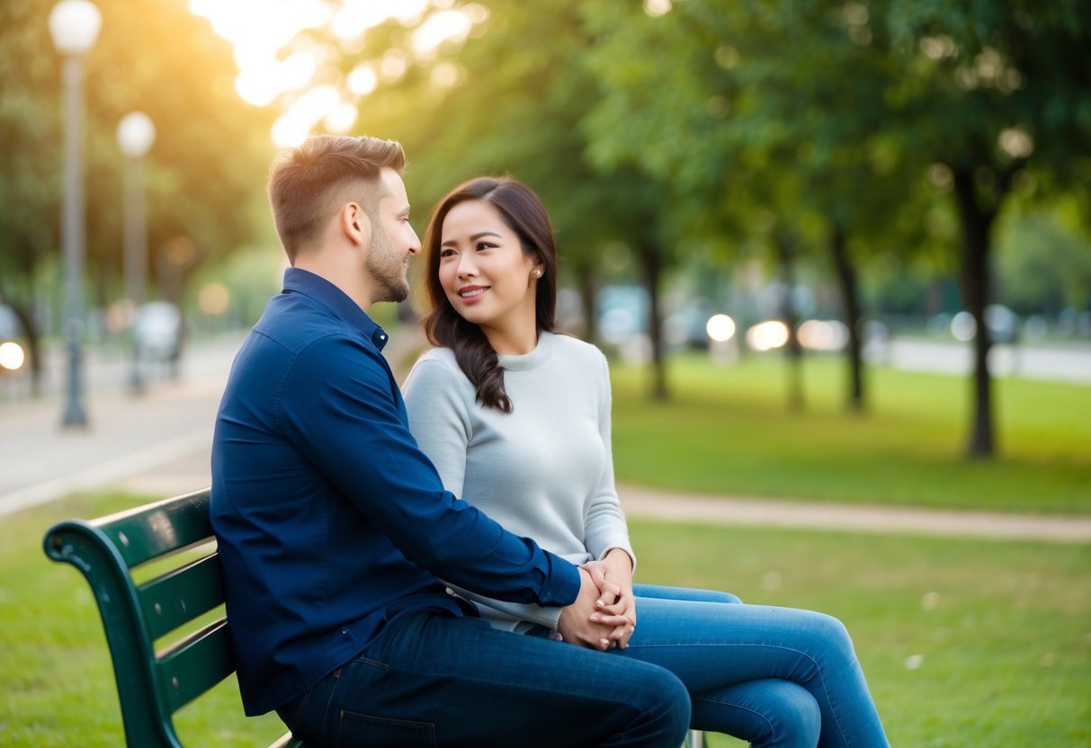 A couple sitting on a park bench, one person leaning away while the other leans in, illustrating physical boundaries while dating