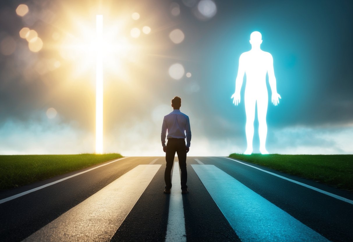 A person standing at a crossroads, with one path leading towards a glowing light representing personal growth, and the other path leading towards a shadowy figure representing mental health challenges