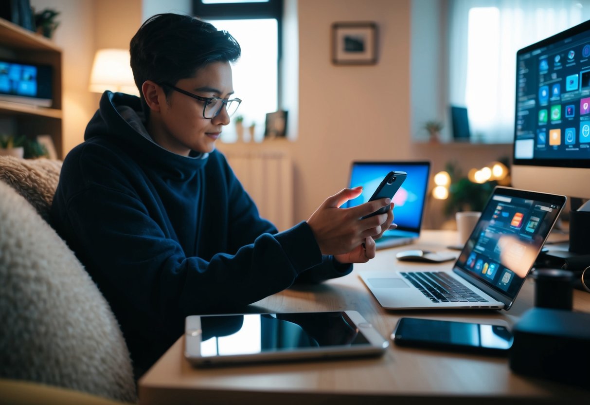 A person using a smartphone, sitting alone in a cozy room with soft lighting, surrounded by various digital devices and screens