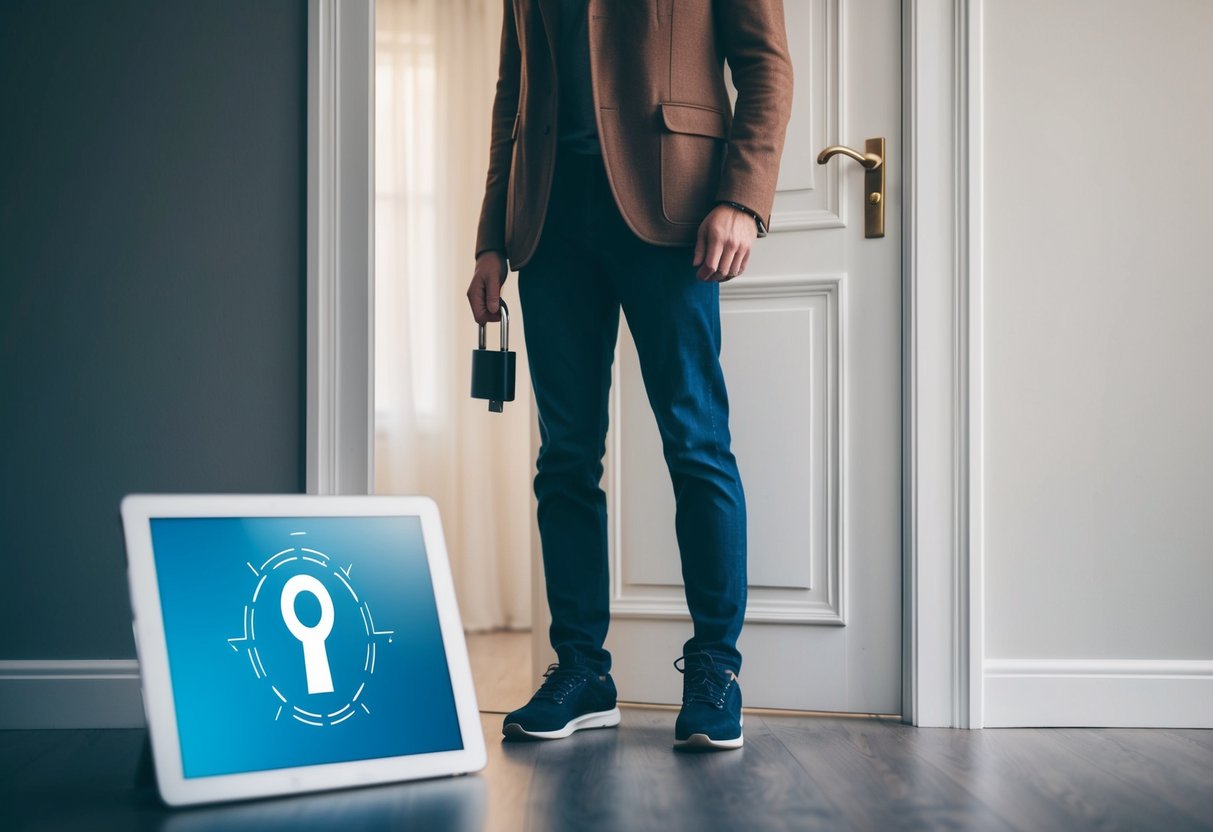 A person standing in front of a closed door, with a lock and key symbolizing privacy and safety. A digital device with a boundary symbol is nearby