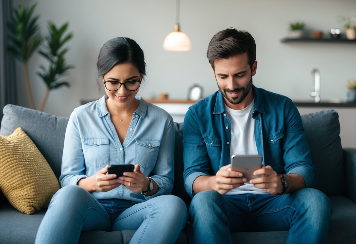 A couple sitting on a couch, each engrossed in their own digital devices, creating a physical and emotional distance between them