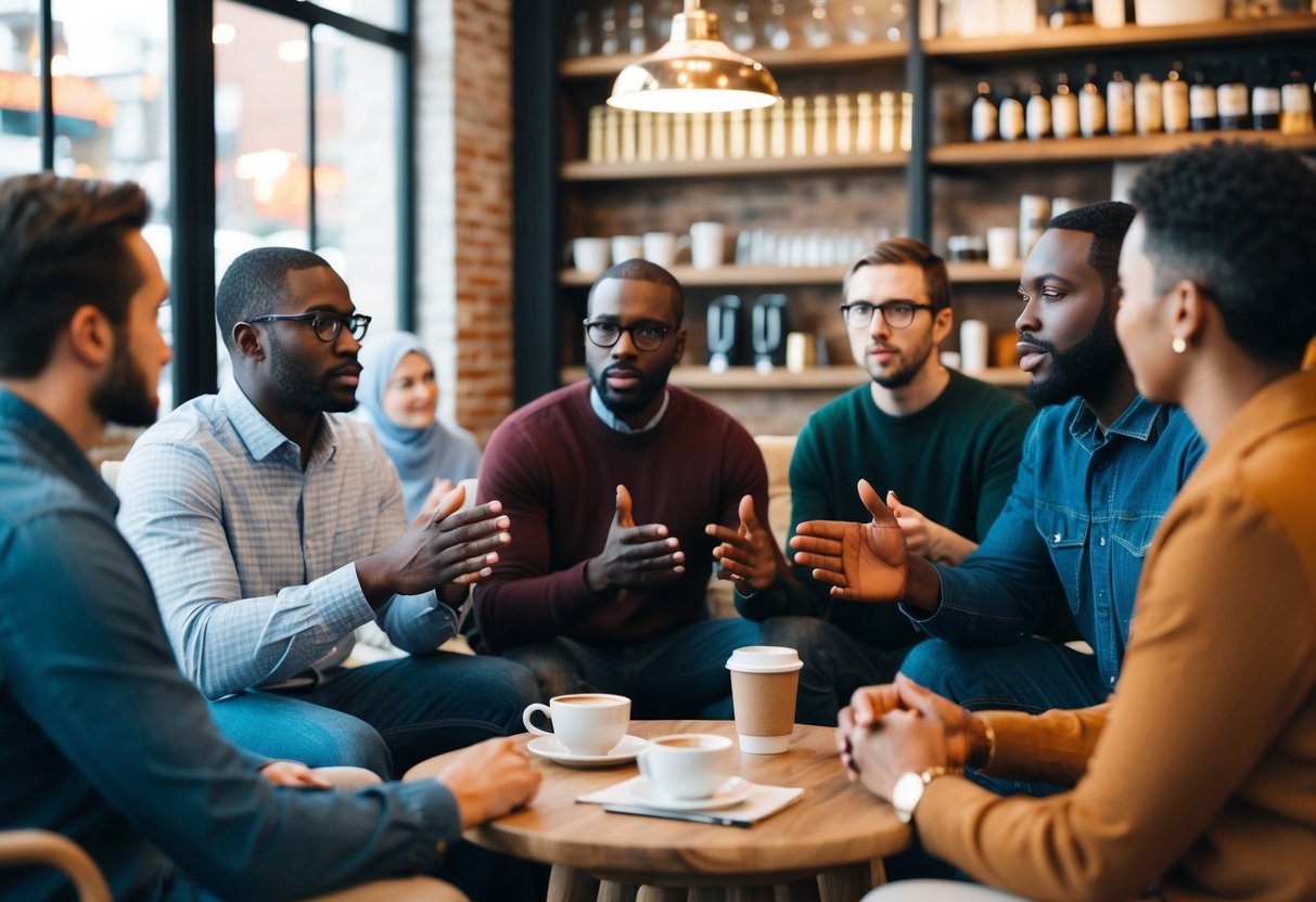 A diverse group discusses boundaries and respect in a cozy coffee shop