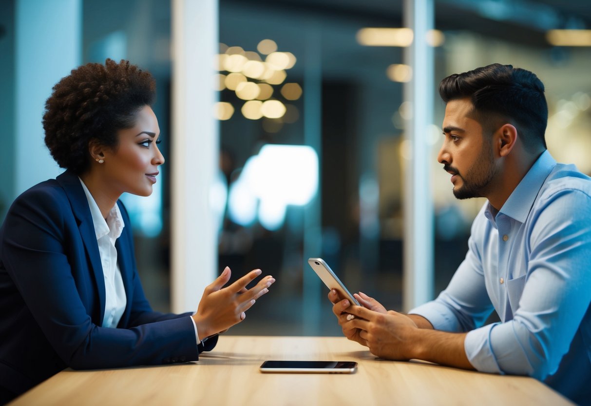 Two people sitting across from each other, engaged in deep conversation, with a modern smartphone on the table between them