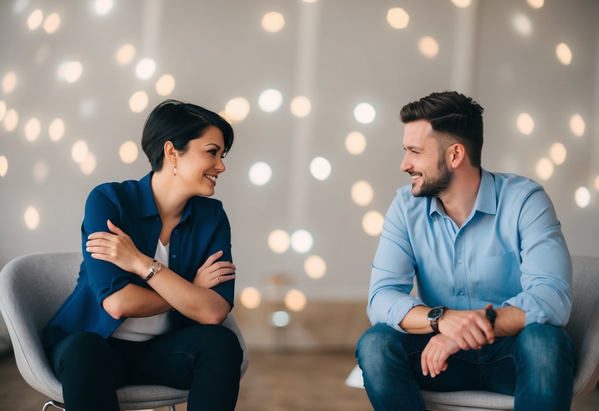 Two individuals sitting across from each other, one leaning back with arms crossed, the other maintaining a comfortable distance with open body language