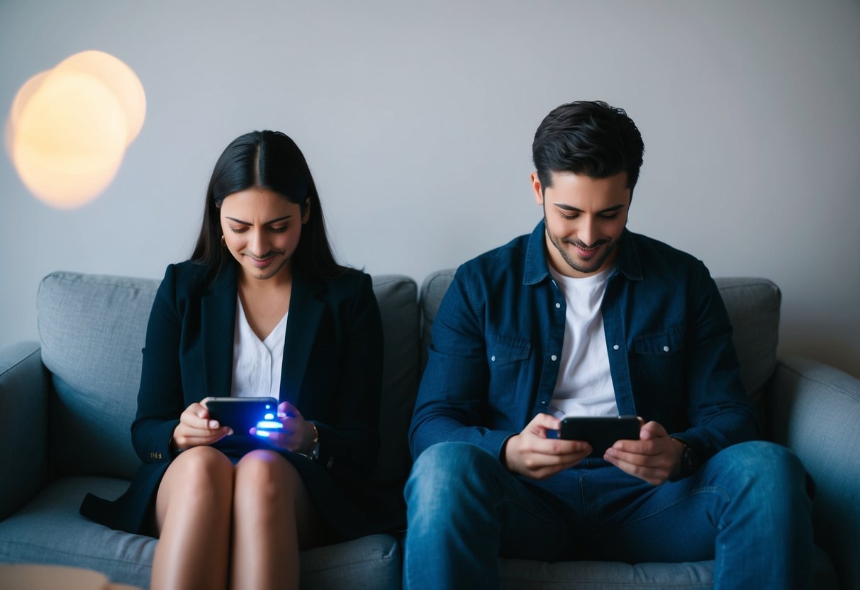 A couple sitting on separate couches, engrossed in their own digital devices, with a faint glow of the screens illuminating their faces