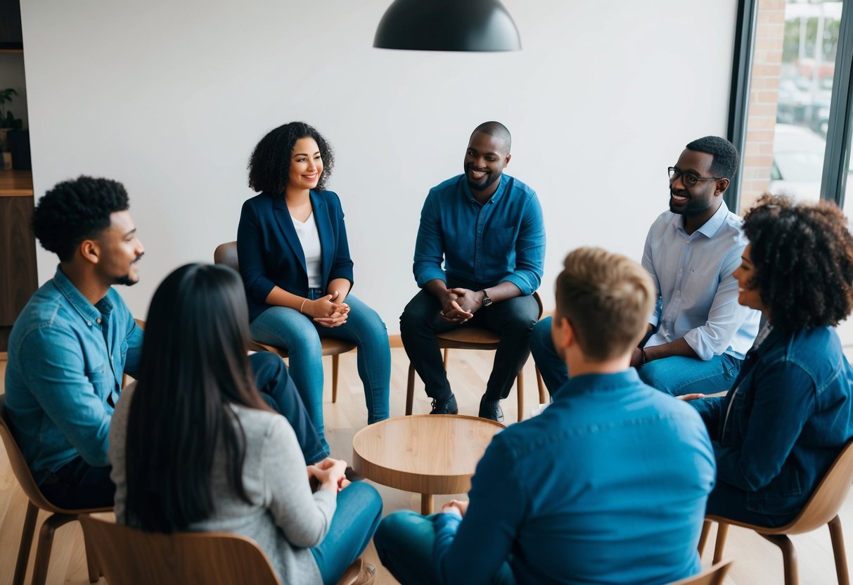 A diverse group sits in a circle, engaged in open conversation and active listening. A sense of understanding and respect permeates the air, fostering trust and consent in modern dating