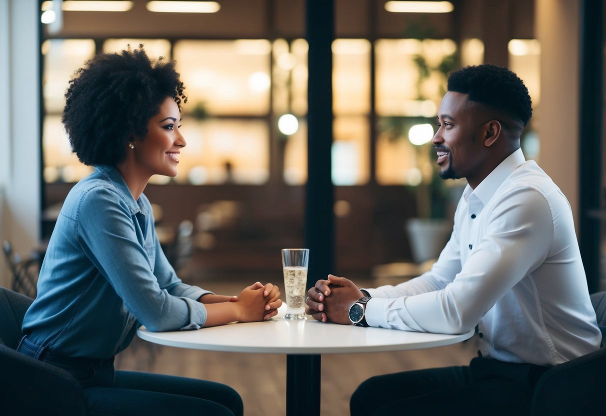 Two individuals sitting across from each other, engaging in a conversation. The atmosphere is relaxed and respectful, with both parties showing clear signs of mutual understanding and consent