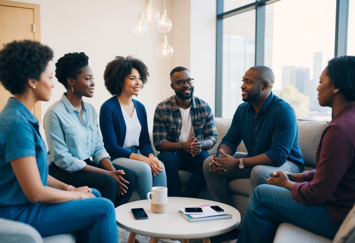 A group of diverse individuals engage in open and honest conversations about boundaries and consent in a casual and comfortable setting