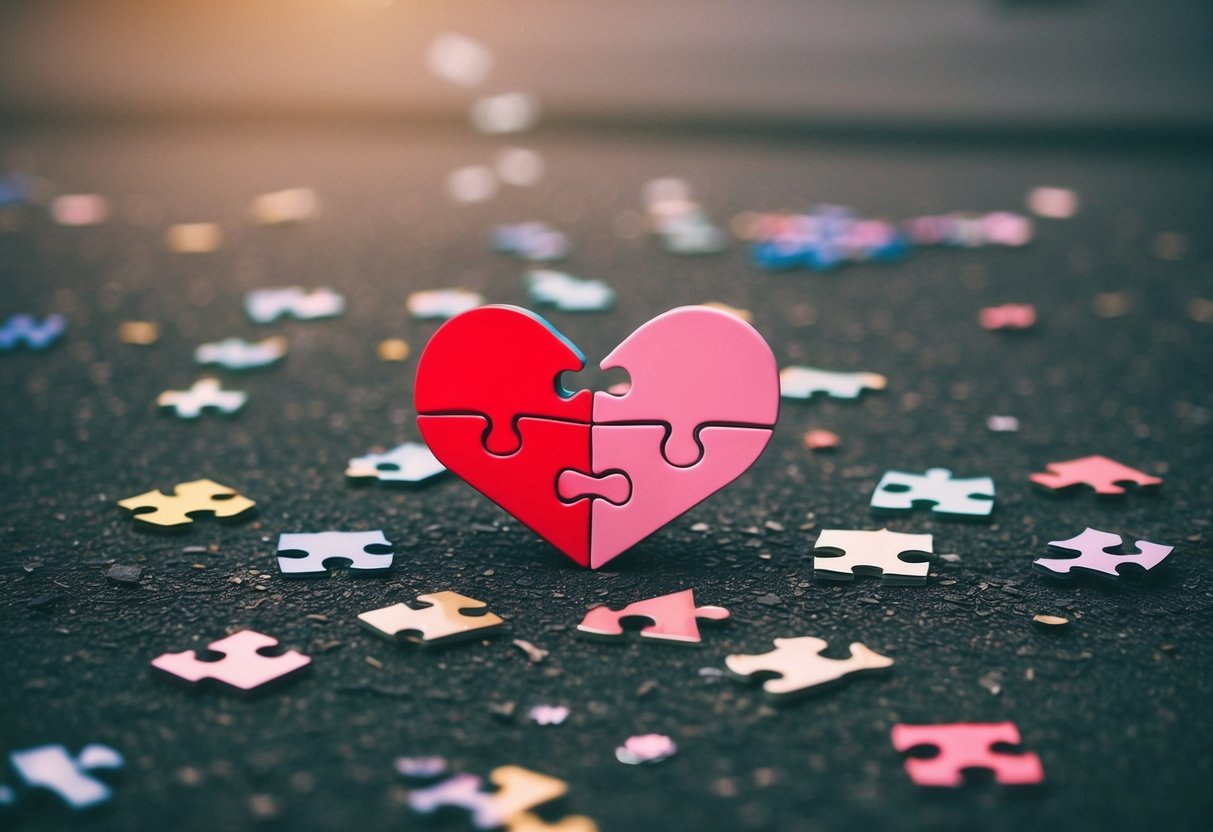 A shattered heart-shaped puzzle on the ground, surrounded by scattered pieces and a sense of confusion and disconnect