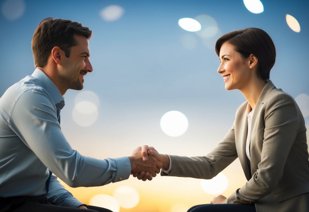 Two people sitting facing each other, one holding out a hand for a handshake while the other person responds with a clear nod and smile