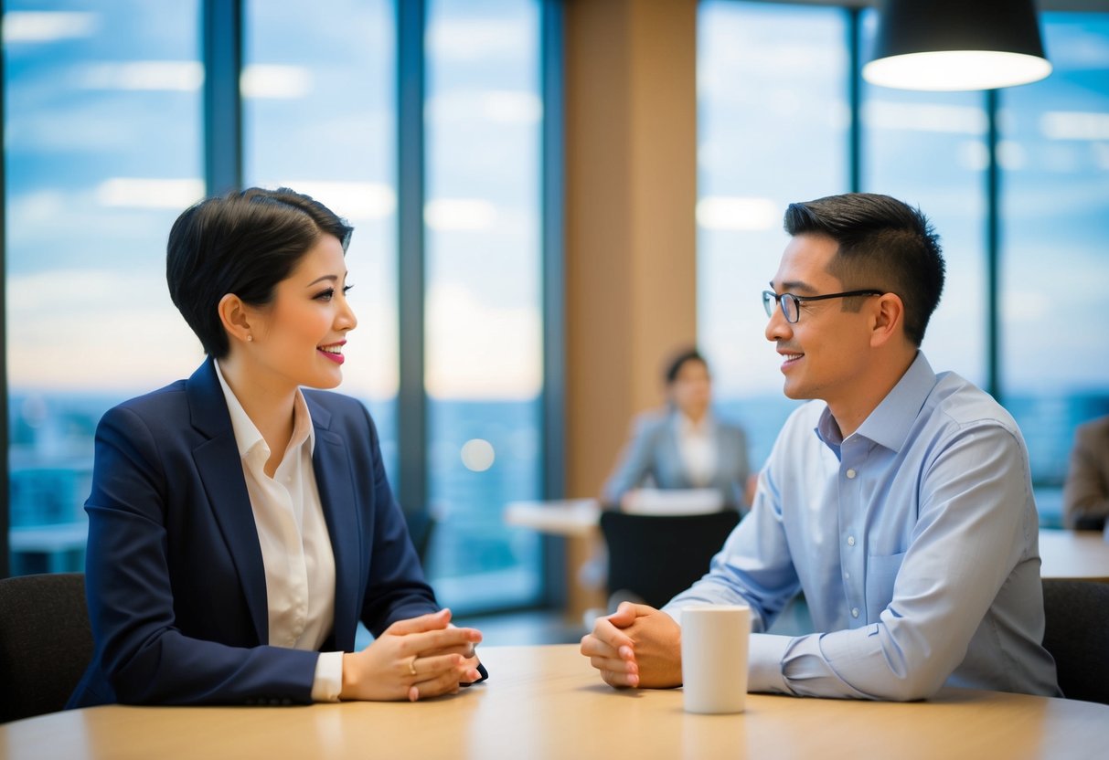 Two individuals sitting across from each other, engaging in a conversation with open body language. A clear and respectful exchange of ideas is evident