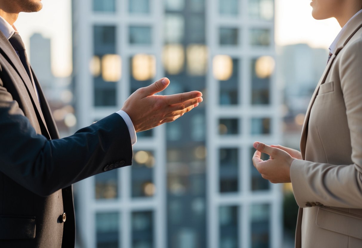 Two people standing facing each other, one person holding out their hand and the other person nodding in agreement