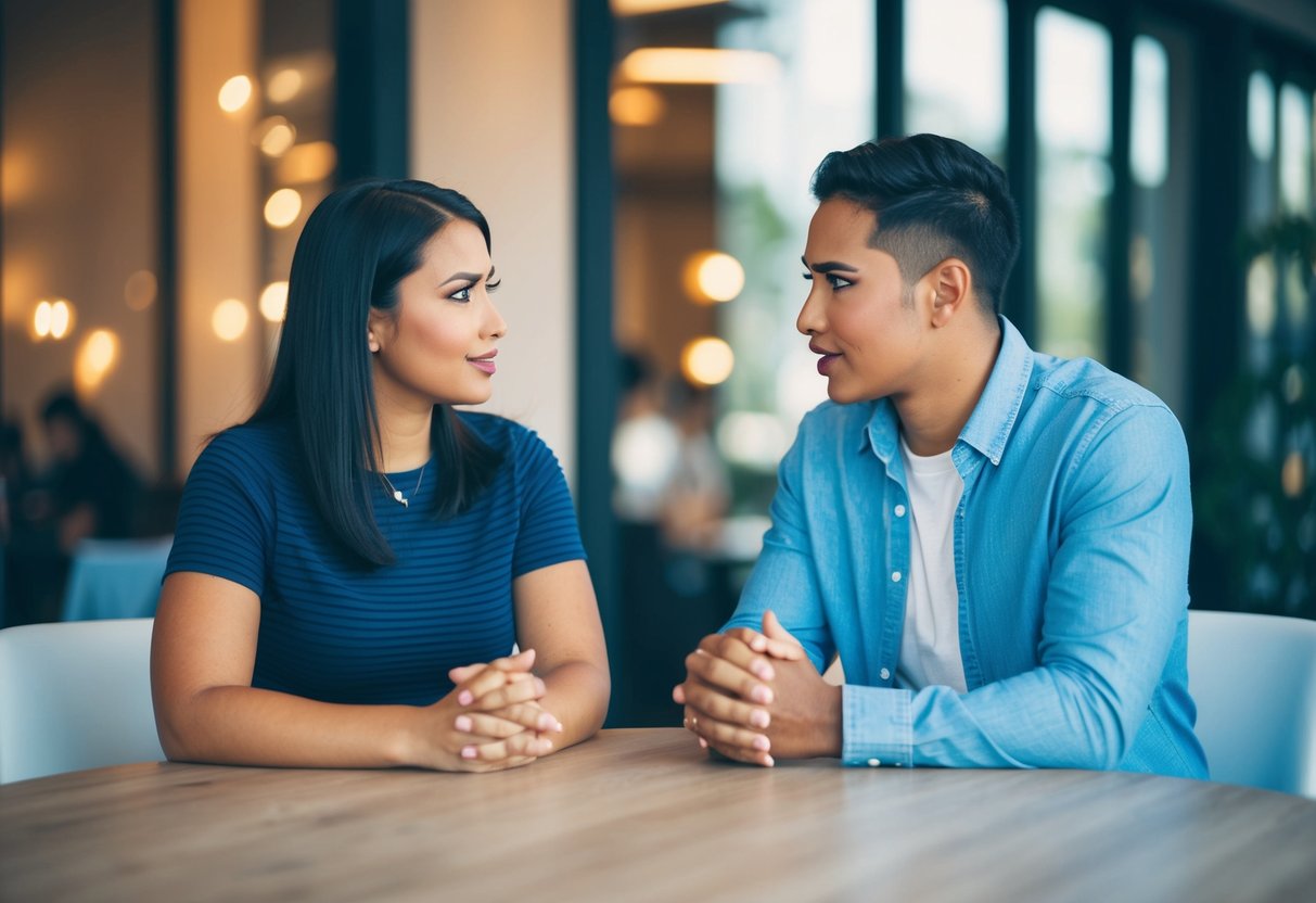 Two individuals engaged in a conversation, one person clearly expressing their boundaries and the other person actively listening and respecting those boundaries