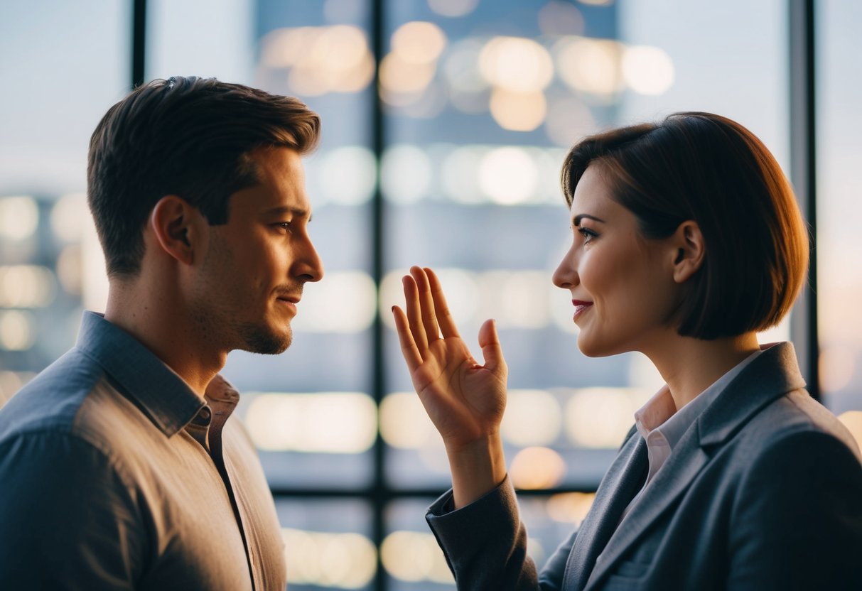 Two people standing face to face, with one person holding out their hand in a gesture of offering or asking for consent