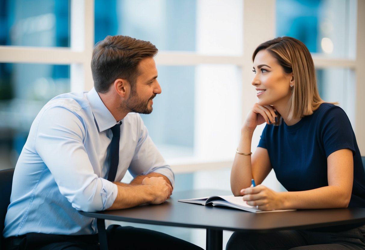 Two people sitting at a table, one leaning in to ask the other a question, while the other person listens attentively