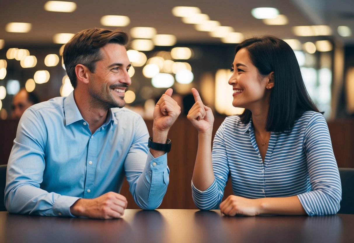 Two people sitting across from each other, smiling and nodding in agreement