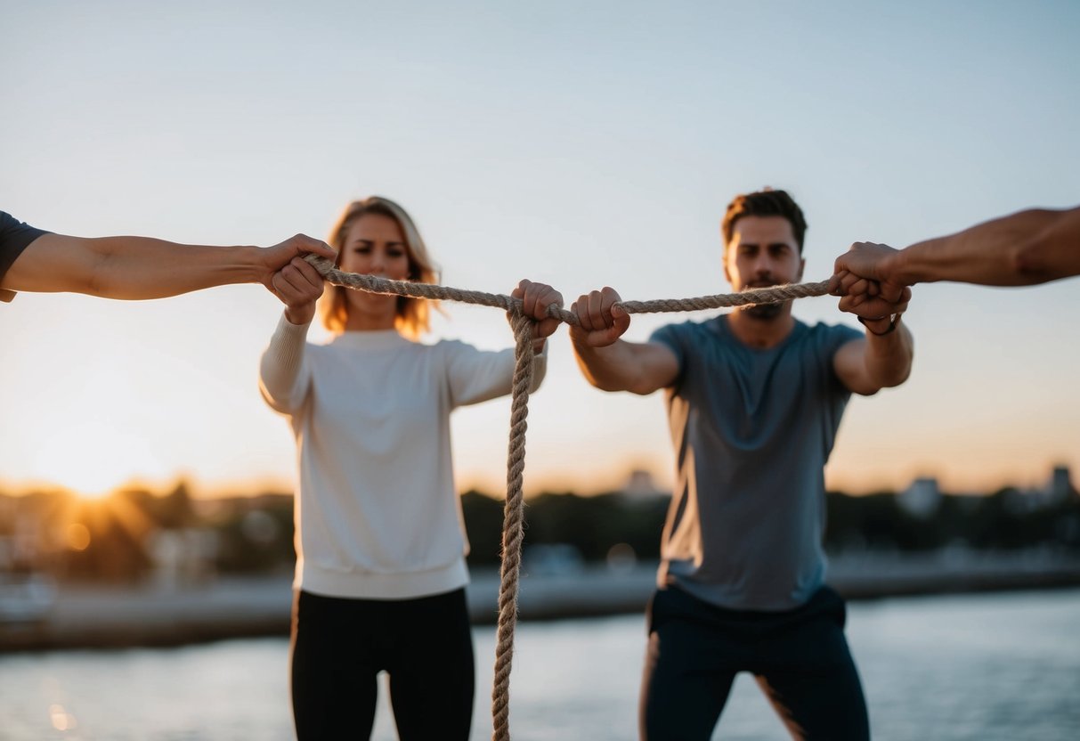 A person pulling on a rope while another person pushes against it, symbolizing the struggle and power dynamics in dating consent