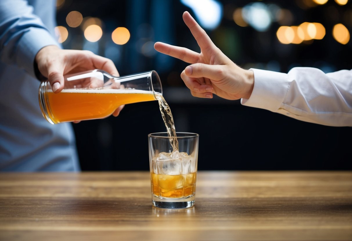 A person pouring a drink into a glass, while another person gestures "no" with their hand