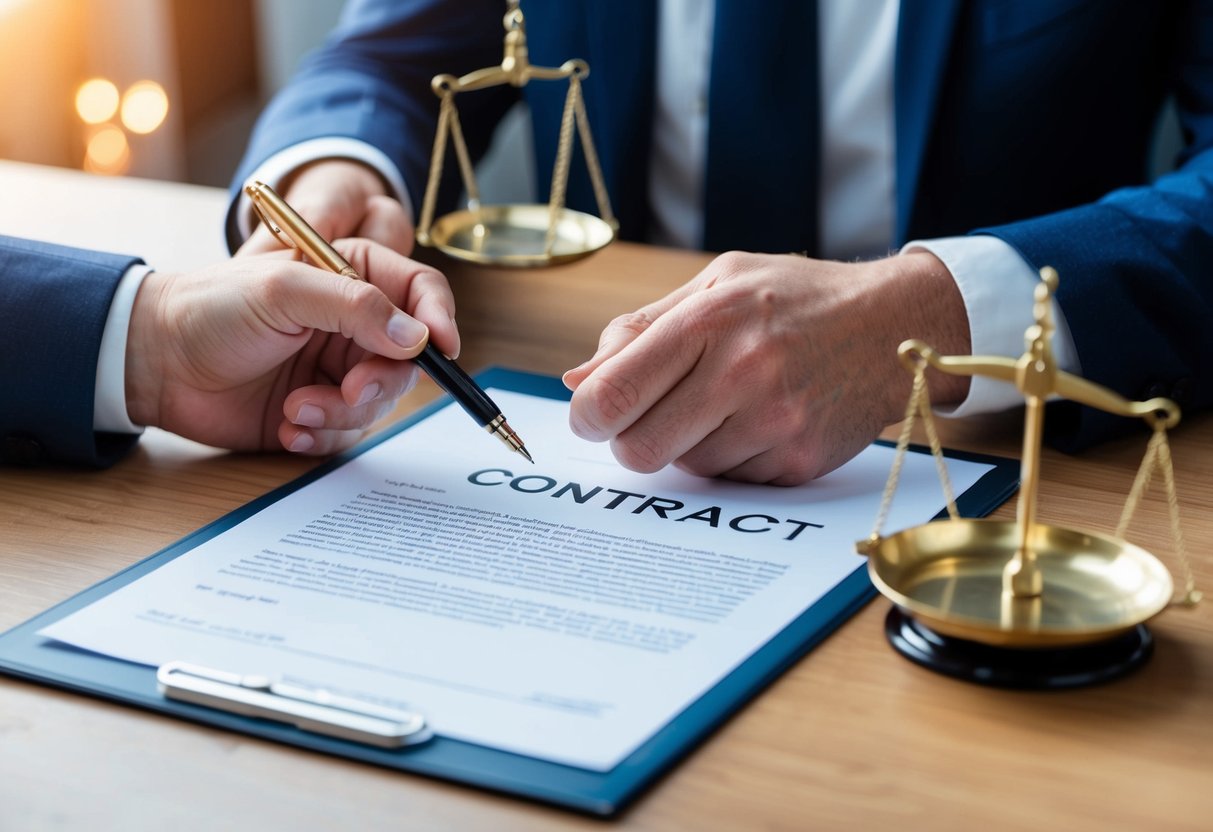 A contract being signed with a pen, a handshake, and a scale representing the balance of power and consent in dating