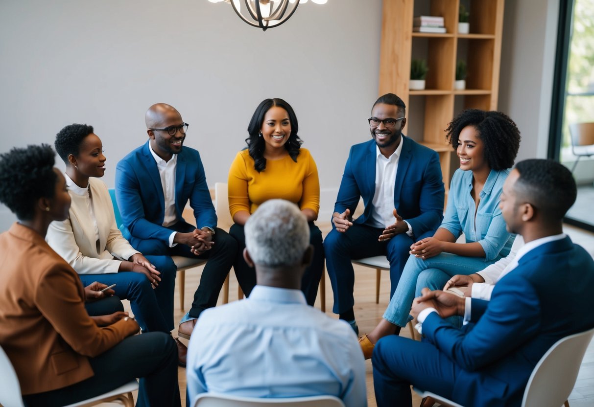 A diverse group of individuals sitting in a circle, engaged in open and respectful conversation