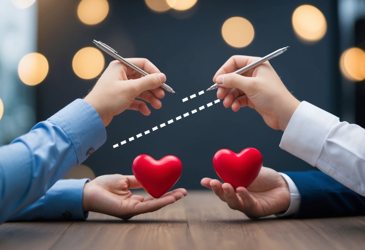 A person drawing a dotted line between two people, each holding a heart, to symbolize mutual consent in dating