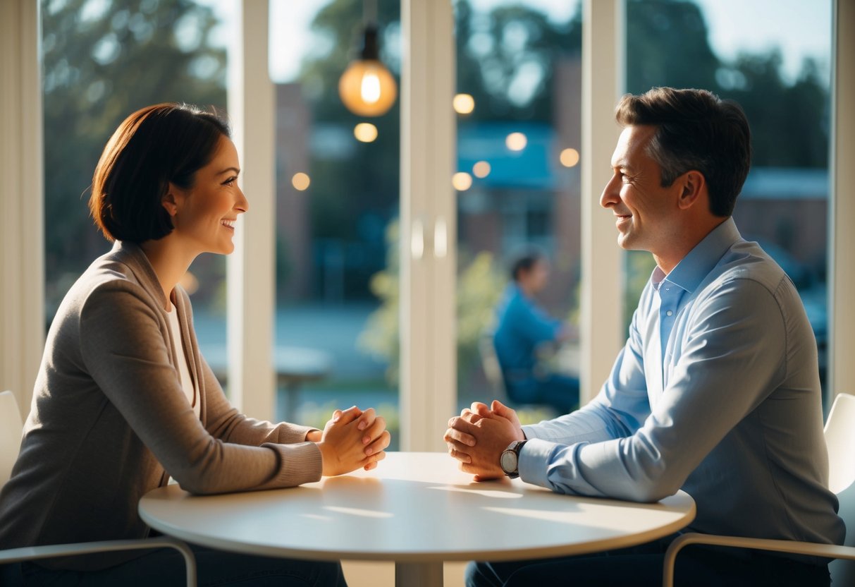 Two figures sitting across from each other, engaging in open and respectful conversation. A warm and inviting atmosphere, with a sense of mutual understanding and consent