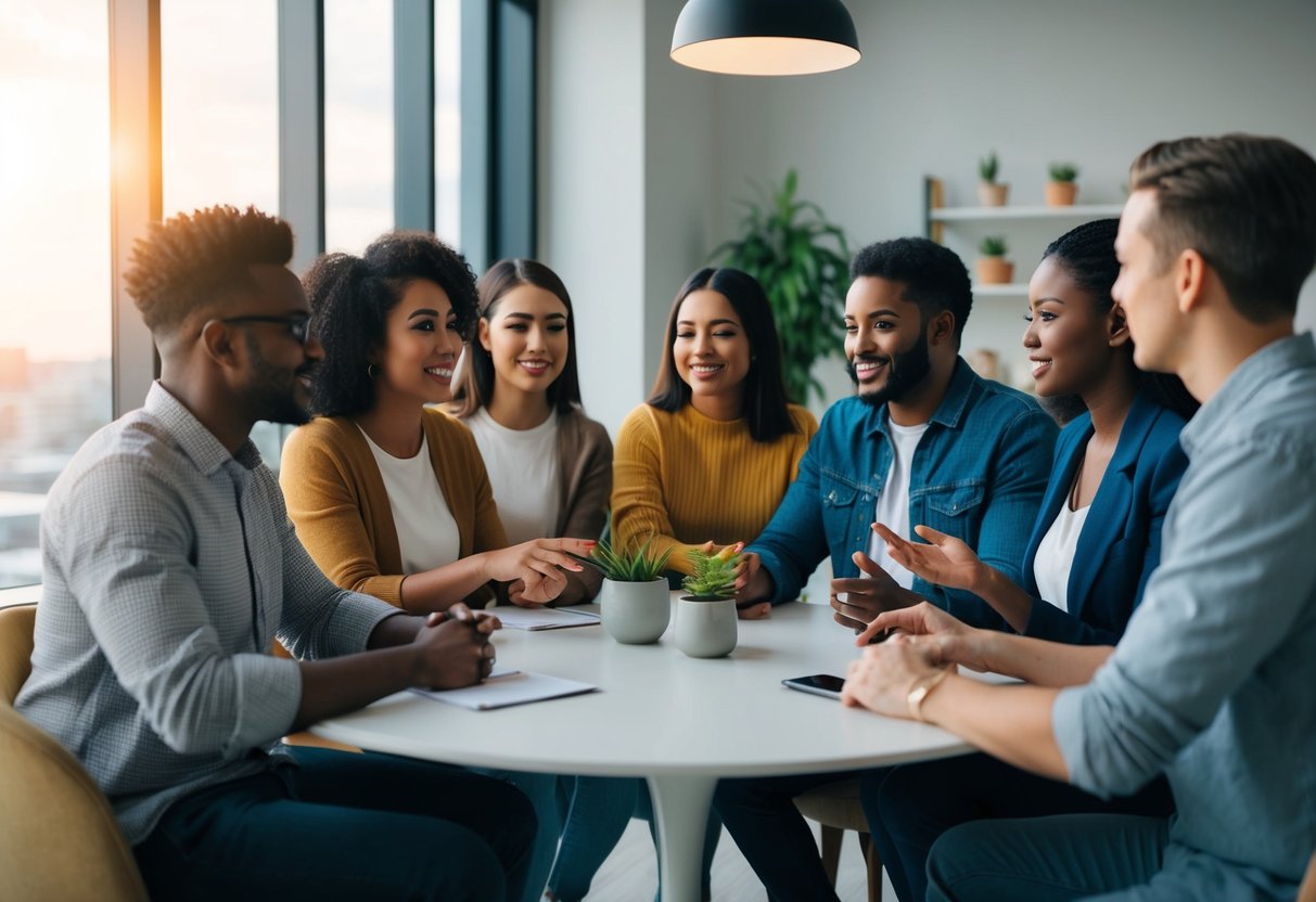 A diverse group of people engaging in open communication and respectful interactions, setting boundaries and seeking consent in a modern dating environment